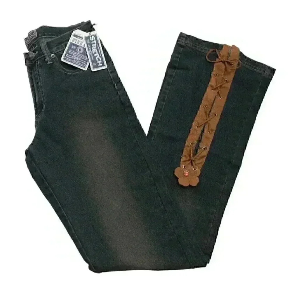 NWT Waist Size 29 Y2K Dark Wash Lace Up Flower Denim Flared Jeans Festival Boho
